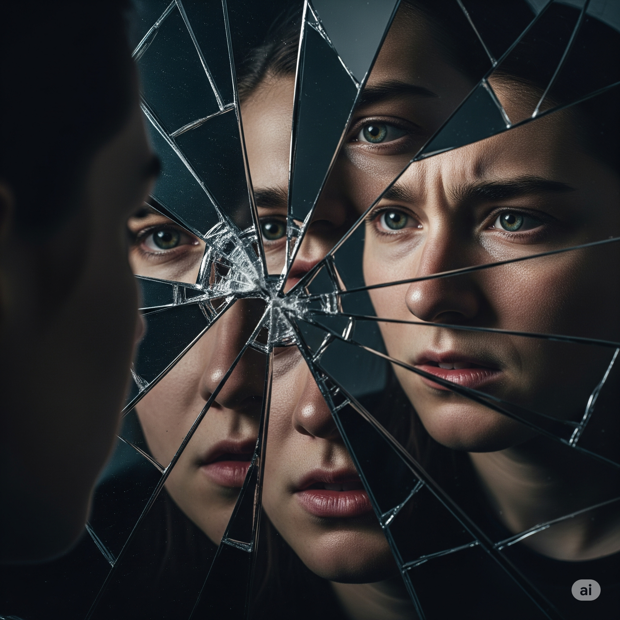 Reflejo de una mujer en un espejo roto